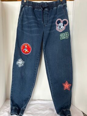 Disney Navy Blue Denim Mickey Patch Jogger Pants with Number 28